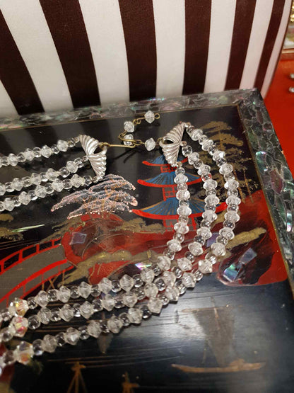 Vintage 1960s Aurora Borealis Crystal Necklace Three Strand AB