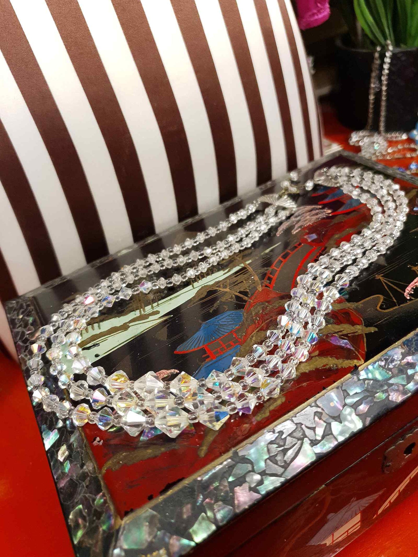 Vintage 1960s Aurora Borealis Crystal Necklace Three Strand AB