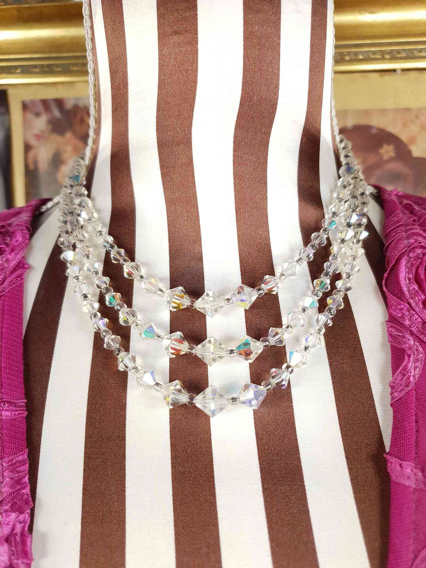 Vintage 1960s Aurora Borealis Crystal Necklace Three Strand AB