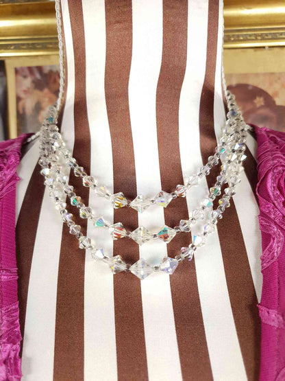 Vintage 1960s Aurora Borealis Crystal Necklace Three Strand AB