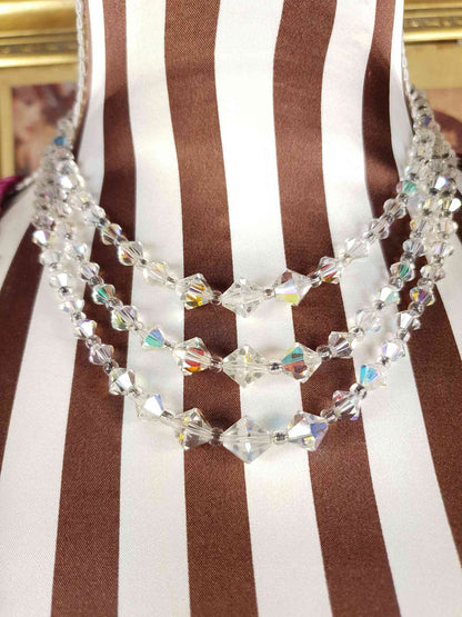 Vintage 1960s Aurora Borealis Crystal Necklace Three Strand AB