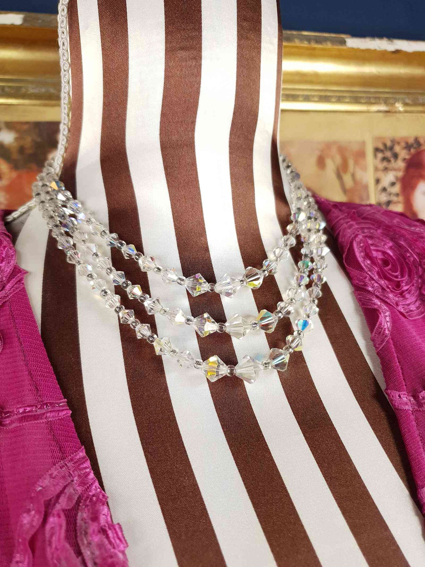 Vintage 1960s Aurora Borealis Crystal Necklace Three Strand AB