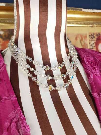 Vintage 1960s Aurora Borealis Crystal Necklace Three Strand AB