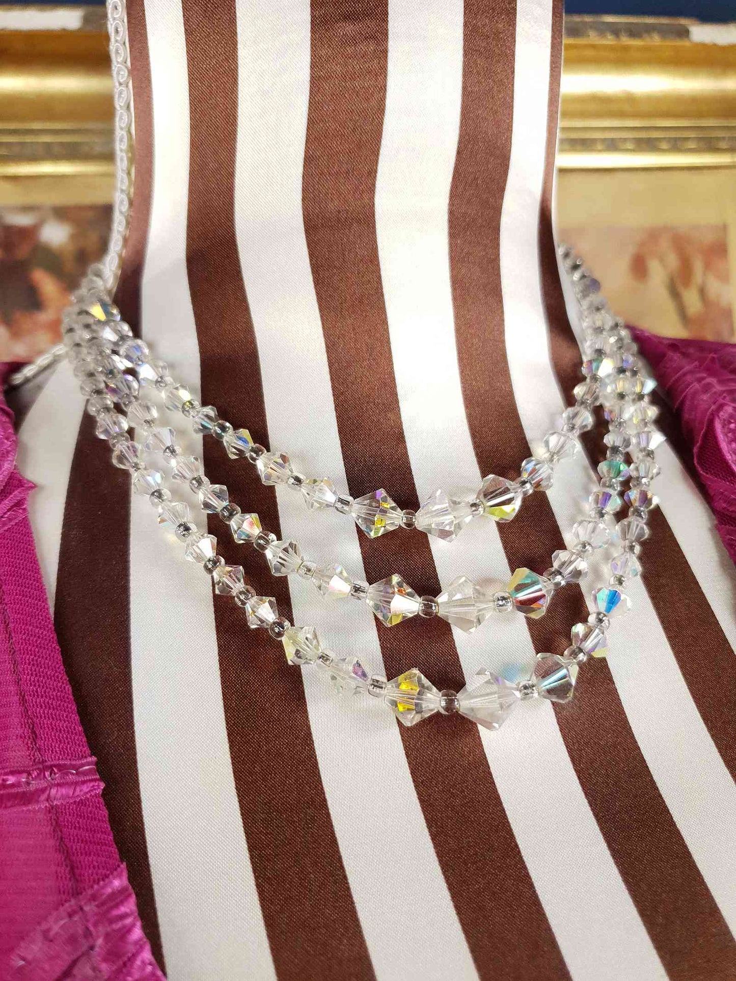 Vintage 1960s Aurora Borealis Crystal Necklace Three Strand AB