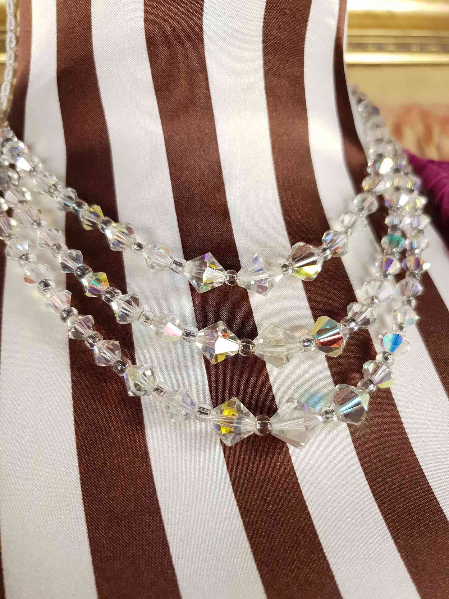 Vintage 1960s Aurora Borealis Crystal Necklace Three Strand AB