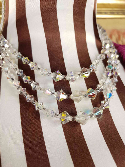 Vintage 1960s Aurora Borealis Crystal Necklace Three Strand AB