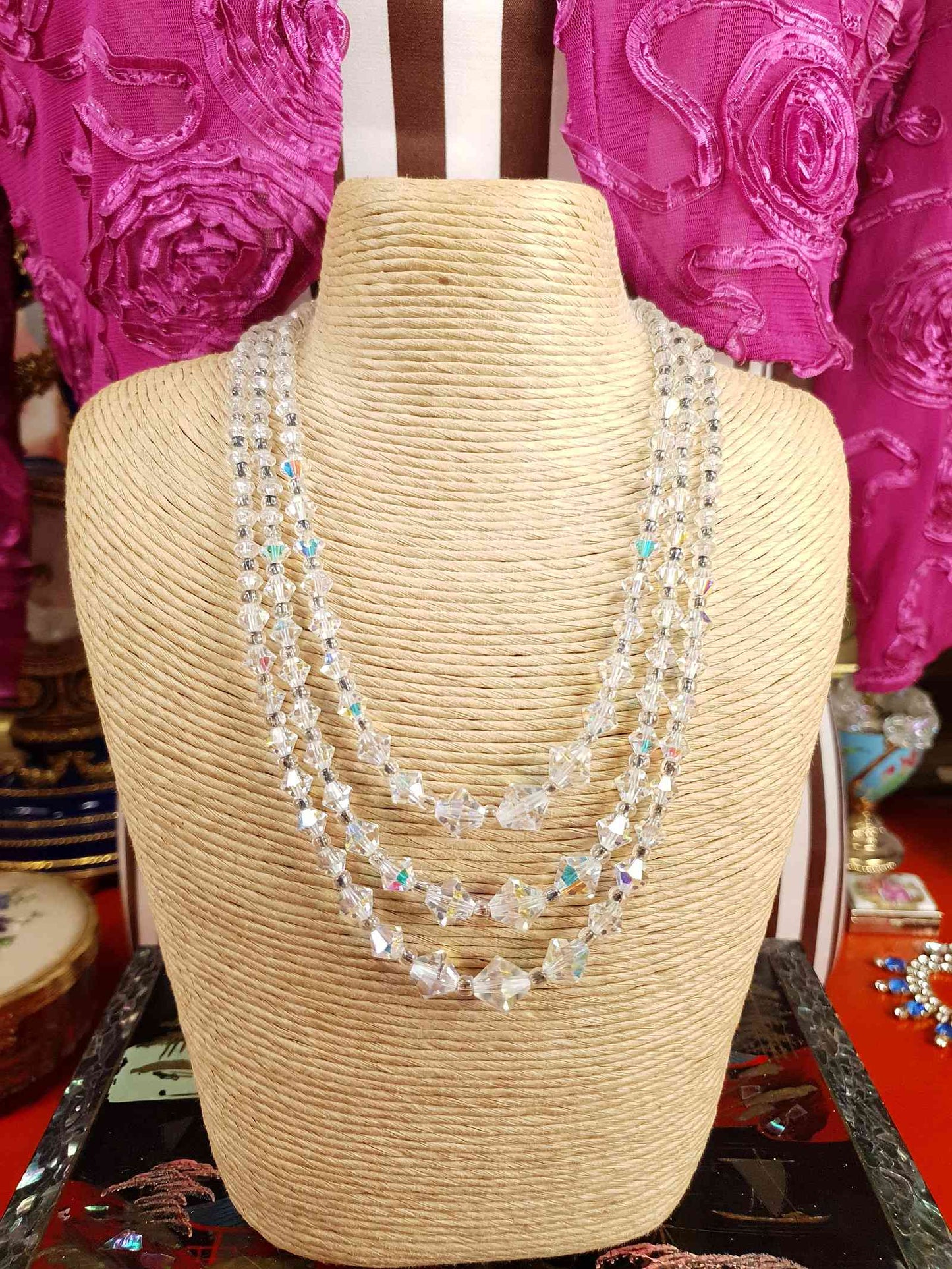 Vintage 1960s Aurora Borealis Crystal Necklace Three Strand AB