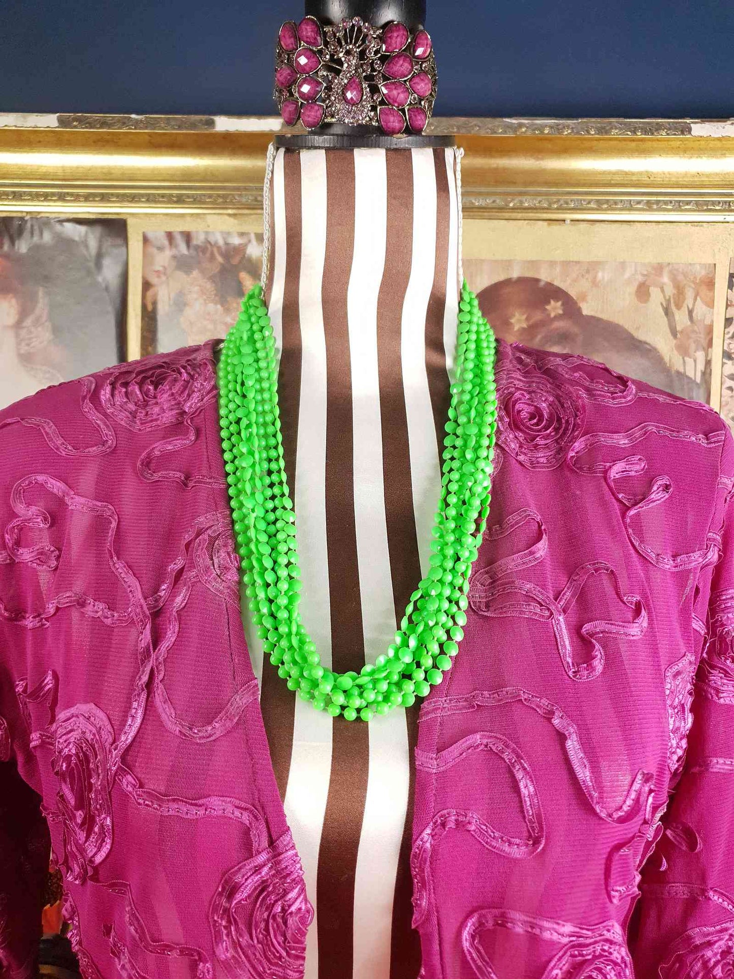 Vintage 1960s Lime Green Mod Long Necklace - Hong Kong Signed