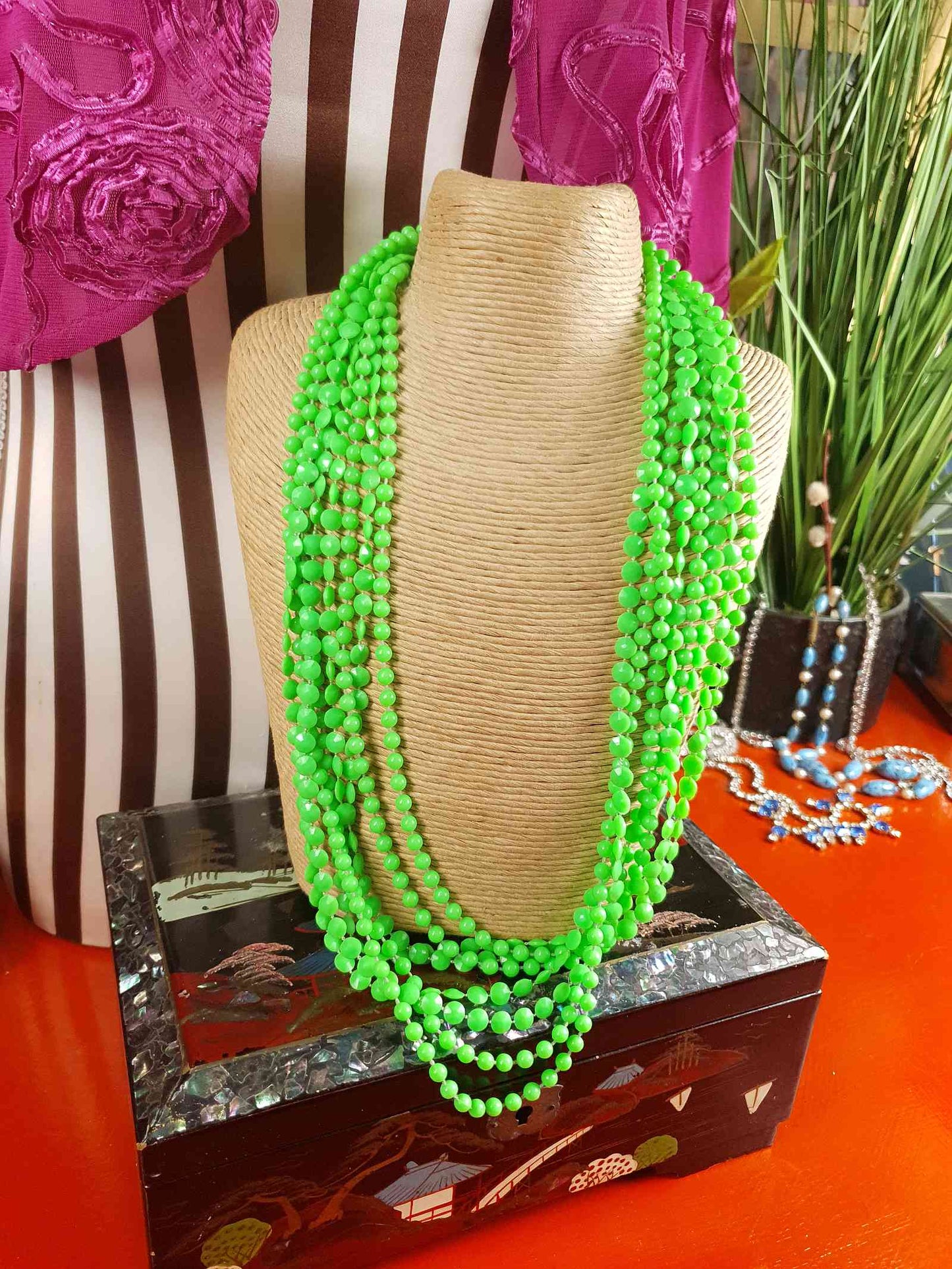 Vintage 1960s Lime Green Mod Long Necklace - Hong Kong Signed
