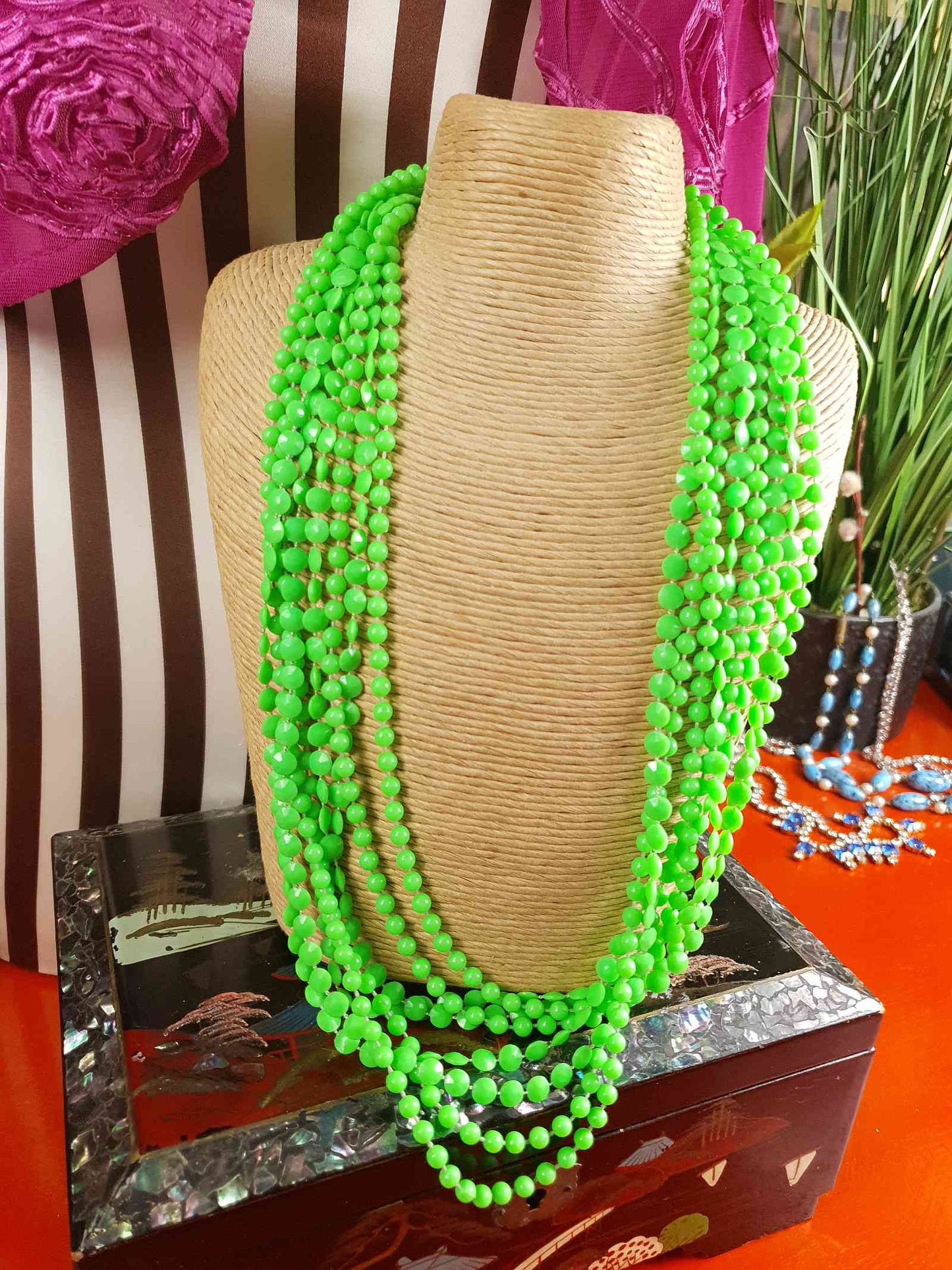 Vintage 1960s Lime Green Mod Long Necklace - Hong Kong Signed