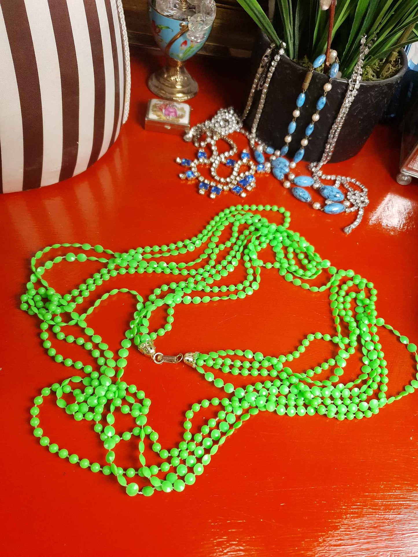 Vintage 1960s Lime Green Mod Long Necklace - Hong Kong Signed