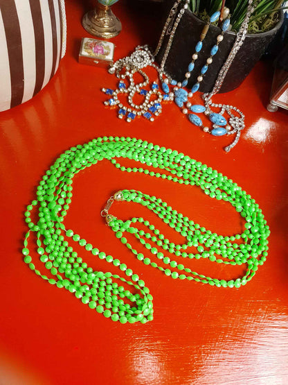 Vintage 1960s Lime Green Mod Long Necklace - Hong Kong Signed