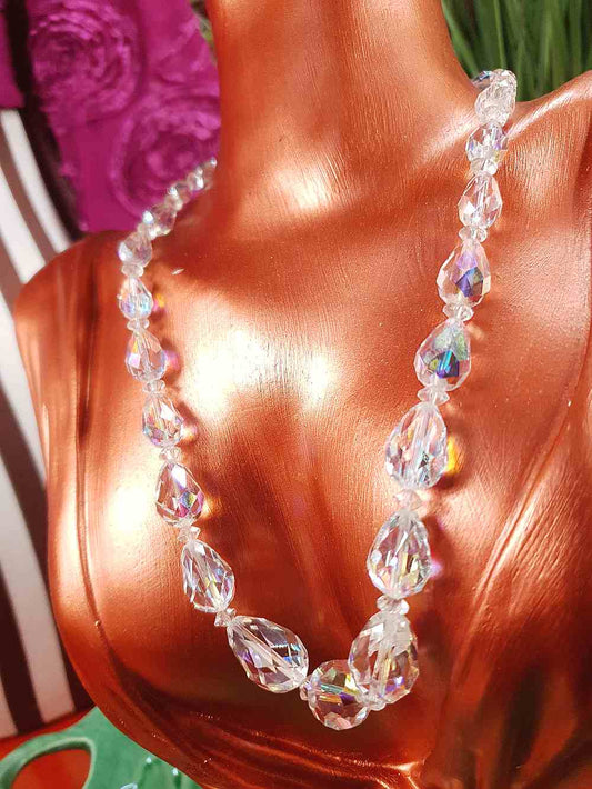 Vintage 1960s Aurora Borealis Crystal Glass Necklace Choker 16" Briolette