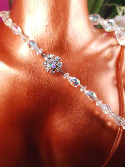 Vintage 1960s Aurora Borealis Crystal Glass Necklace Choker 16" Briolette
