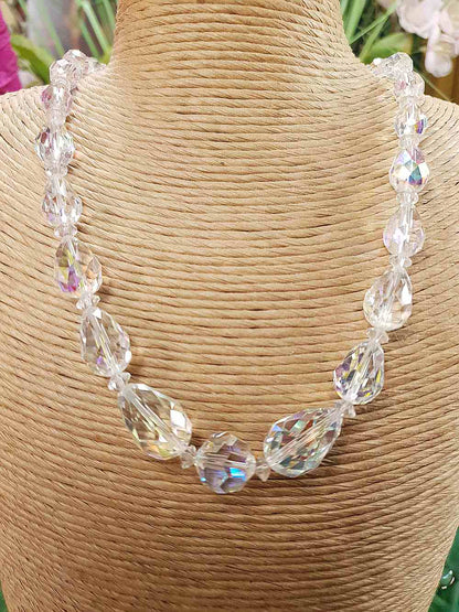 Vintage 1960s Aurora Borealis Crystal Glass Necklace Choker 16" Briolette