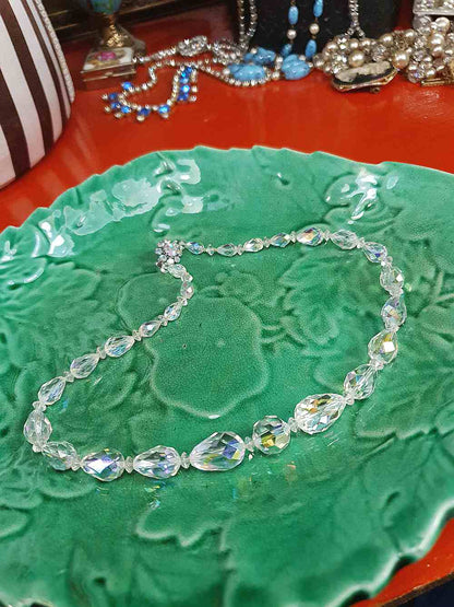 Vintage 1960s Aurora Borealis Crystal Glass Necklace Choker 16" Briolette