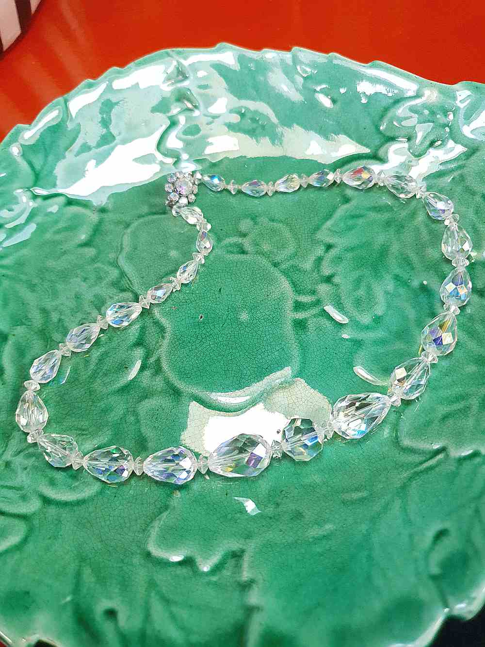 Vintage 1960s Aurora Borealis Crystal Glass Necklace Choker 16" Briolette