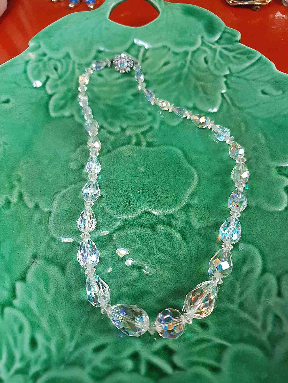 Vintage 1960s Aurora Borealis Crystal Glass Necklace Choker 16" Briolette