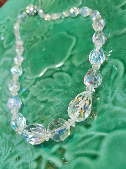 Vintage 1960s Aurora Borealis Crystal Glass Necklace Choker 16" Briolette