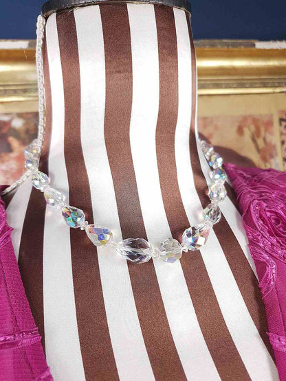 Vintage 1960s Aurora Borealis Crystal Glass Necklace Choker 16" Briolette