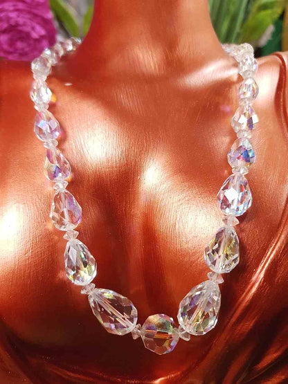 Vintage 1960s Aurora Borealis Crystal Glass Necklace Choker 16" Briolette