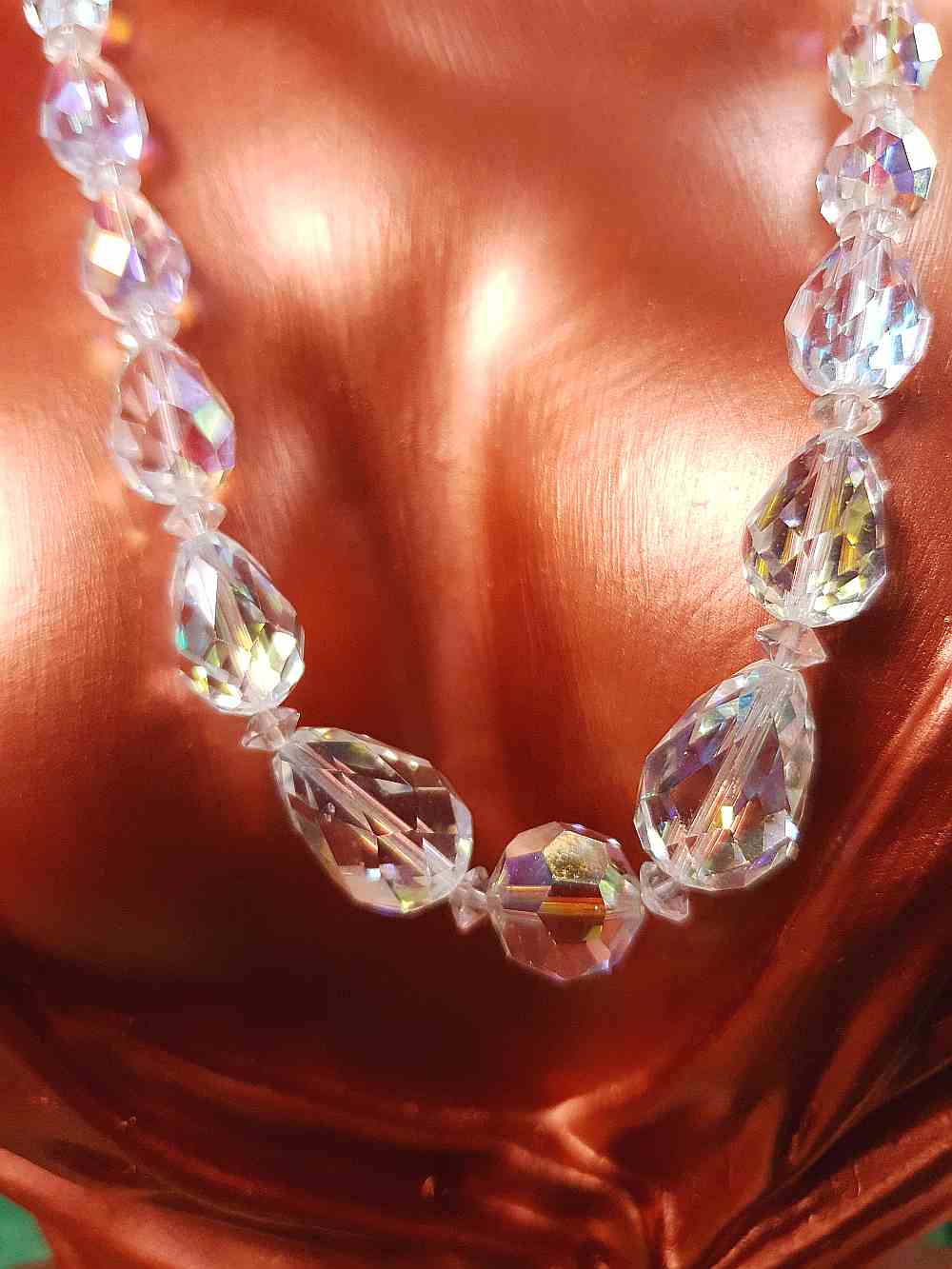 Vintage 1960s Aurora Borealis Crystal Glass Necklace Choker 16" Briolette