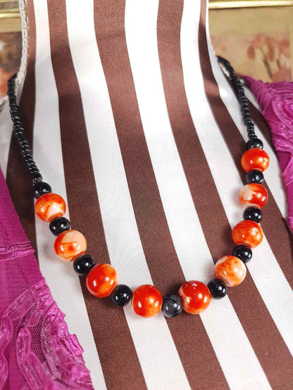 Vintage 1960s Black Orange Marbled Glass Necklace