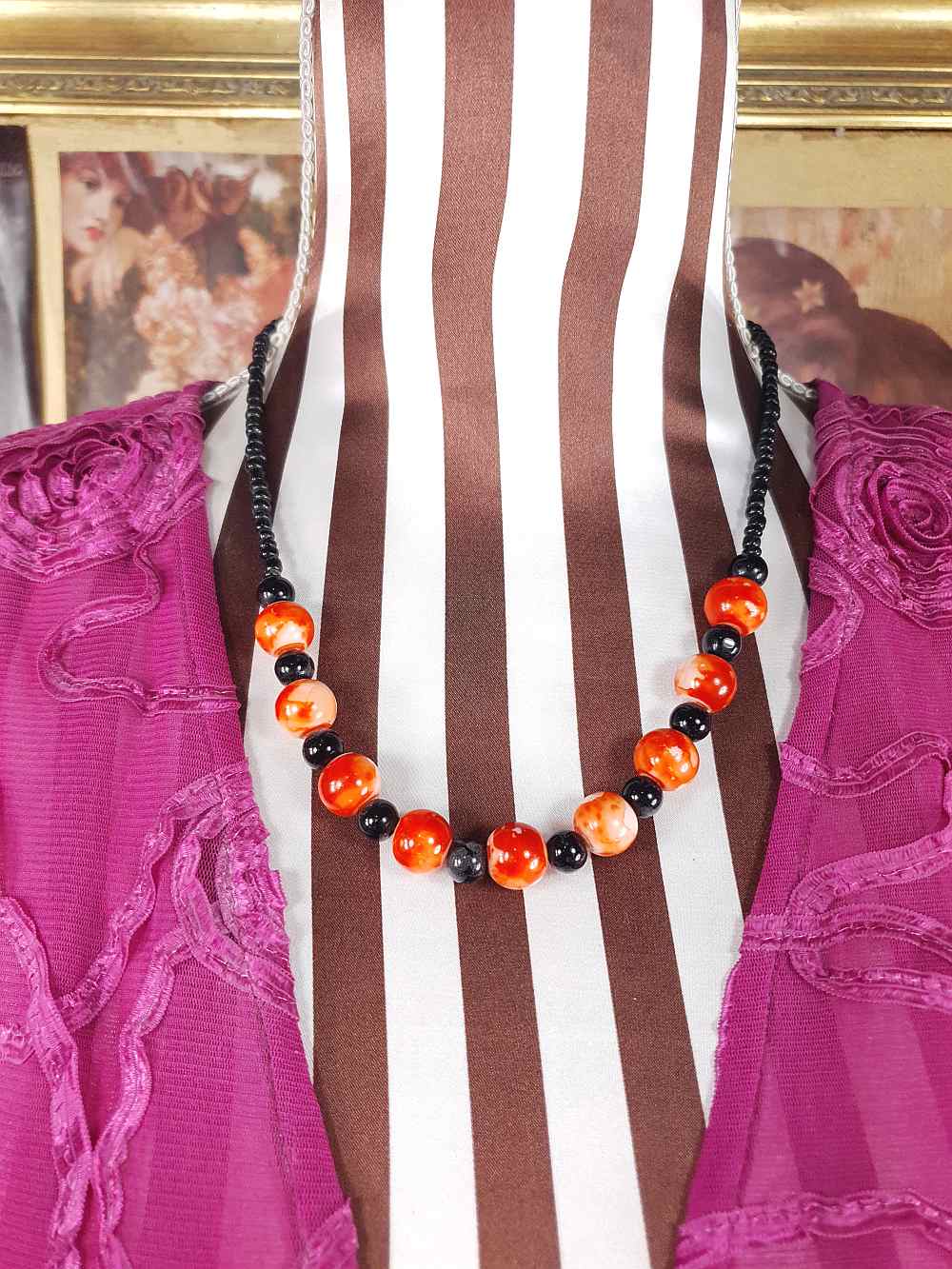 Vintage 1960s Black Orange Marbled Glass Necklace