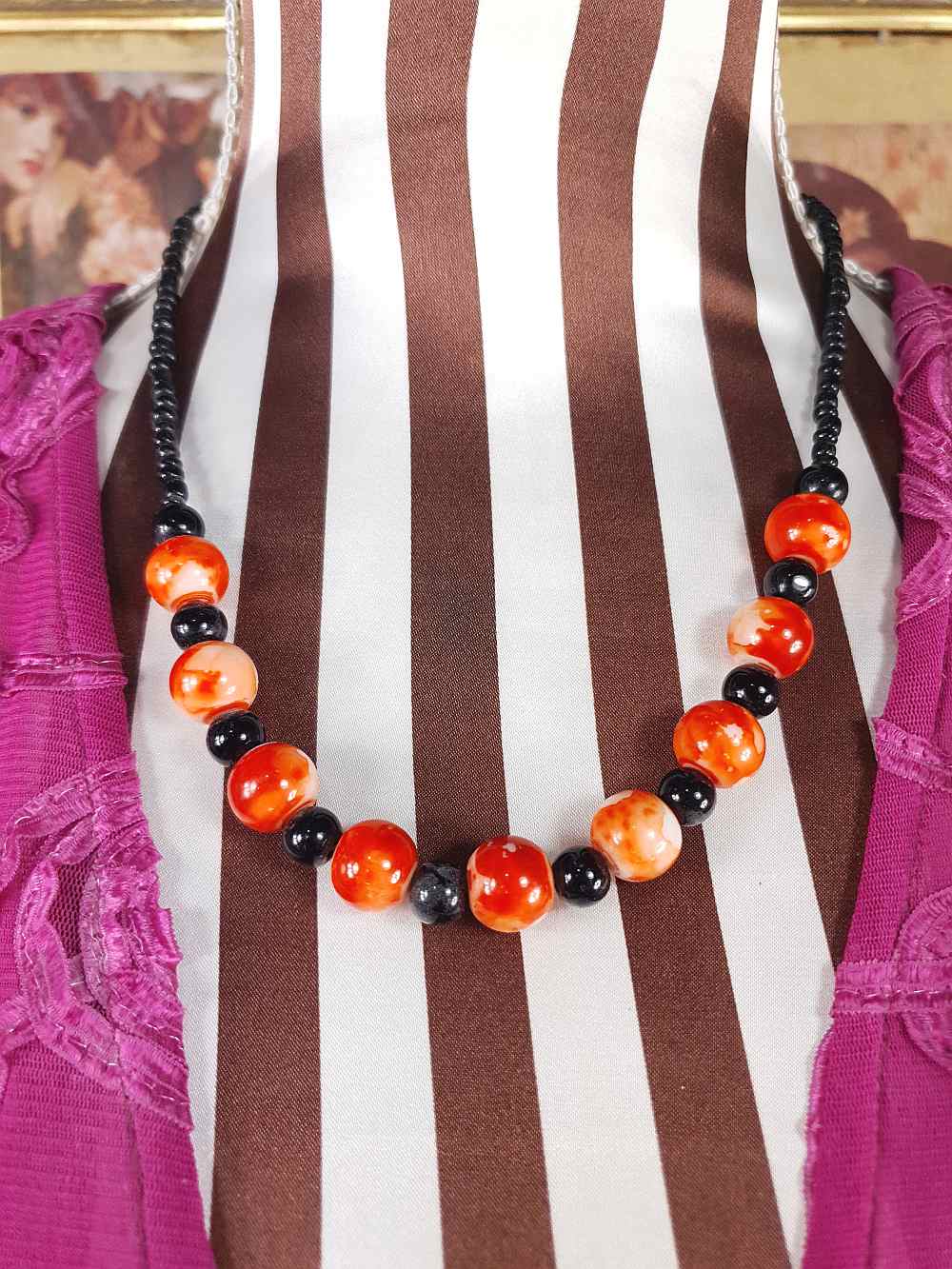 Vintage 1960s Black Orange Marbled Glass Necklace