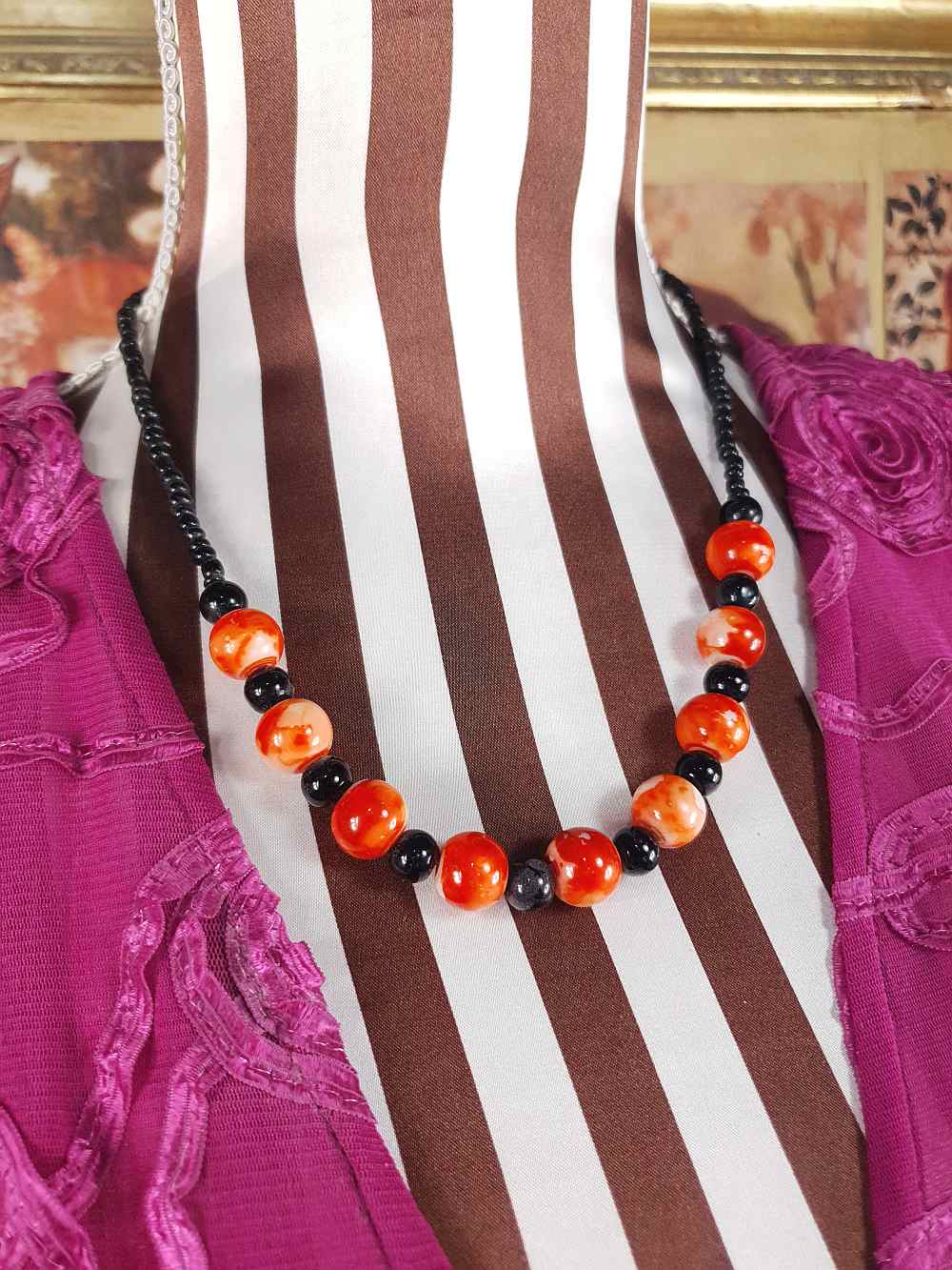 Vintage 1960s Black Orange Marbled Glass Necklace