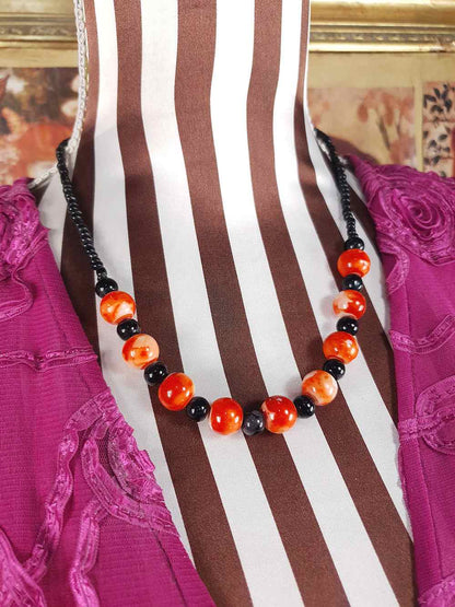Vintage 1960s Black Orange Marbled Glass Necklace