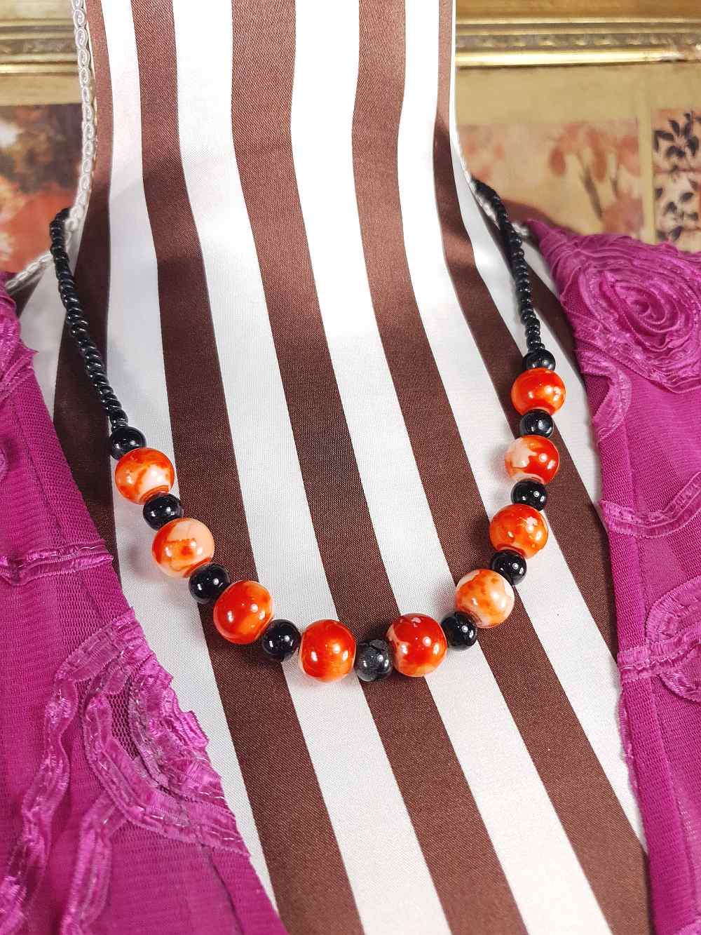 Vintage 1960s Black Orange Marbled Glass Necklace