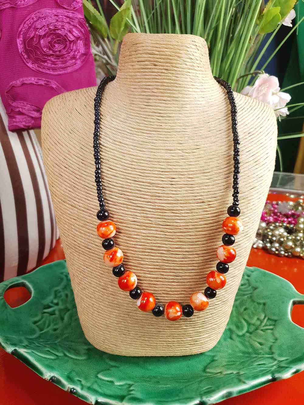 Vintage 1960s Black Orange Marbled Glass Necklace