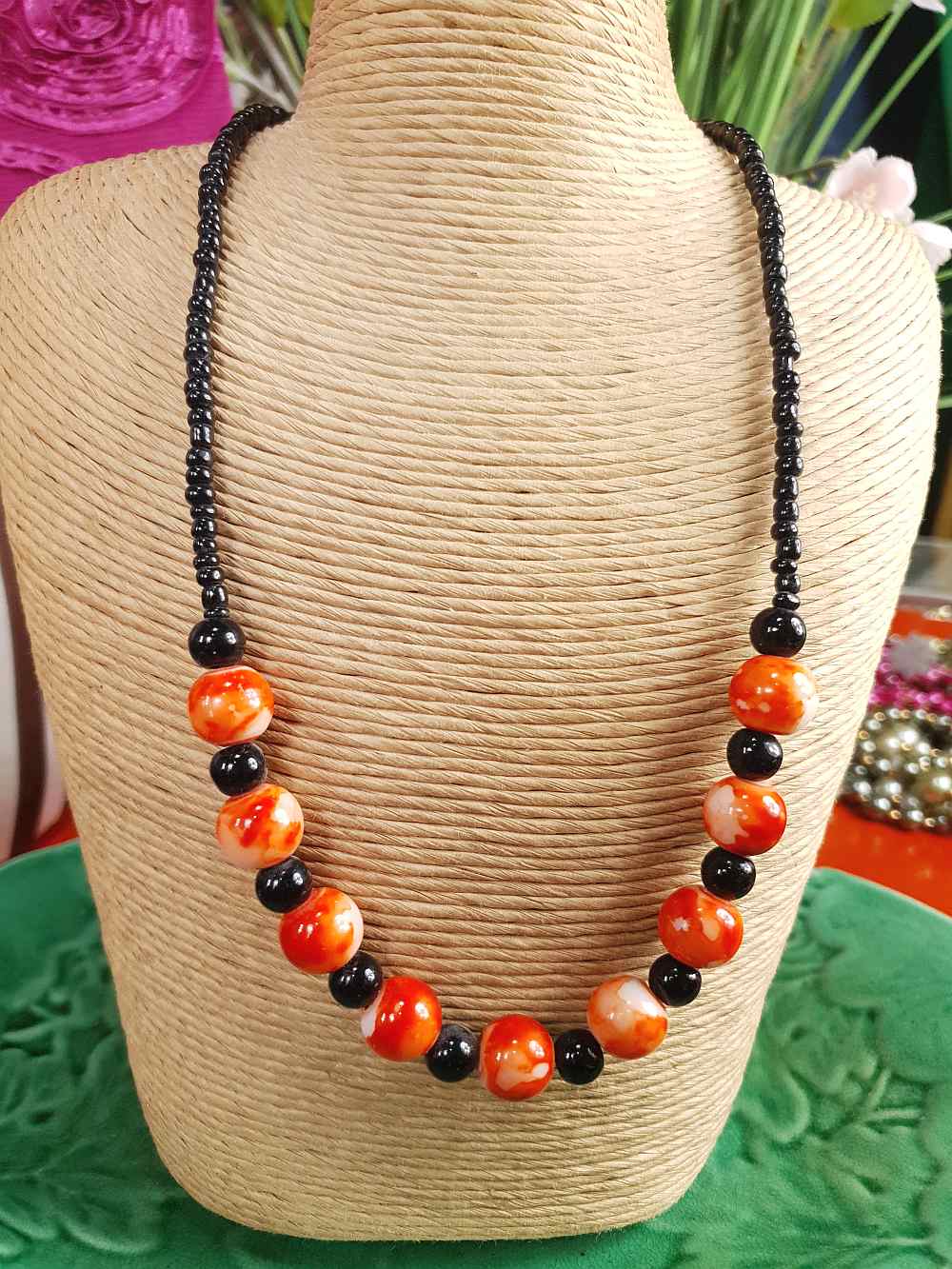 Vintage 1960s Black Orange Marbled Glass Necklace