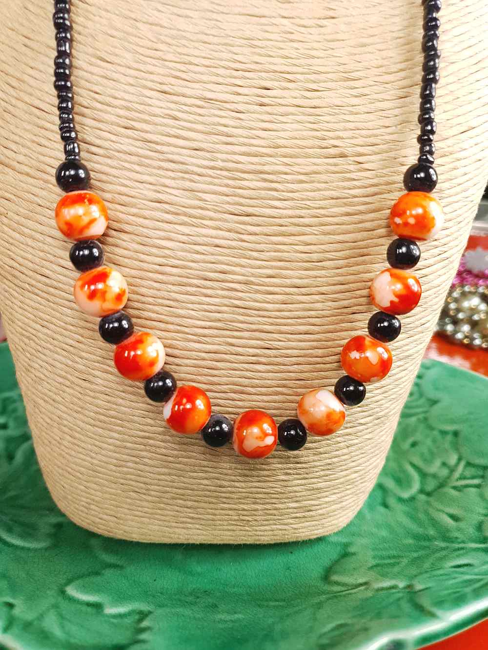 Vintage 1960s Black Orange Marbled Glass Necklace