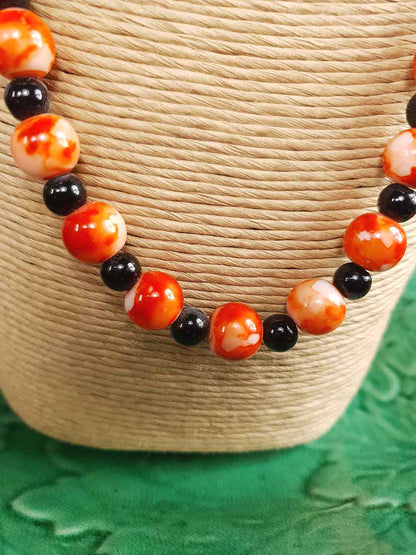 Vintage 1960s Black Orange Marbled Glass Necklace
