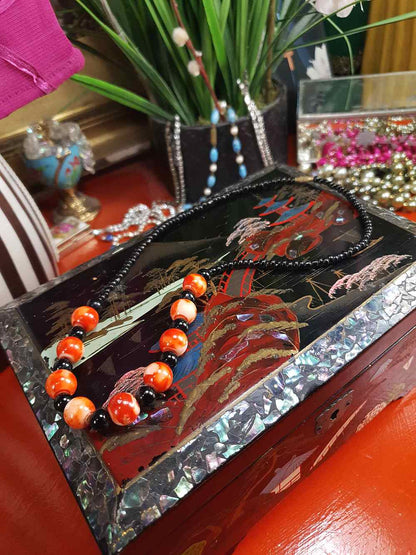 Vintage 1960s Black Orange Marbled Glass Necklace