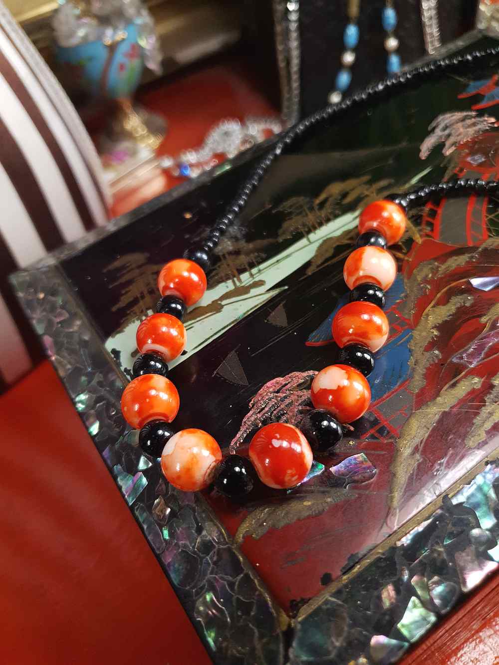 Vintage 1960s Black Orange Marbled Glass Necklace