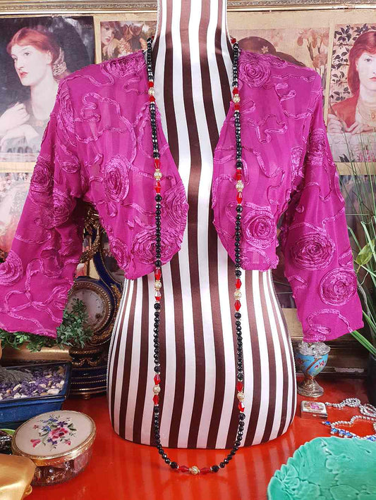 Vintage 1960s Black Red Bead Filigree Boho Necklace  61" Bohemian