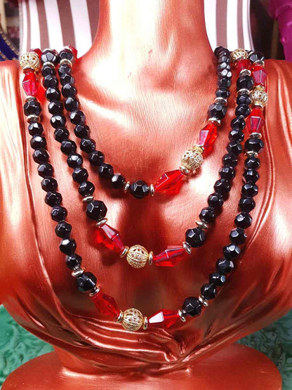 Vintage 1960s Black Red Bead Filigree Boho Necklace  61" Bohemian