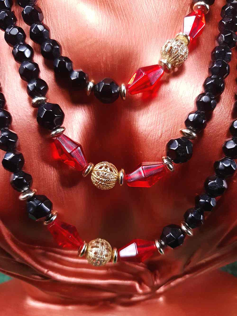 Vintage 1960s Black Red Bead Filigree Boho Necklace  61" Bohemian