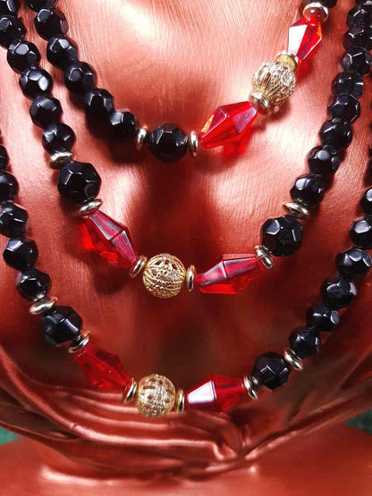 Vintage 1960s Black Red Bead Filigree Boho Necklace  61" Bohemian