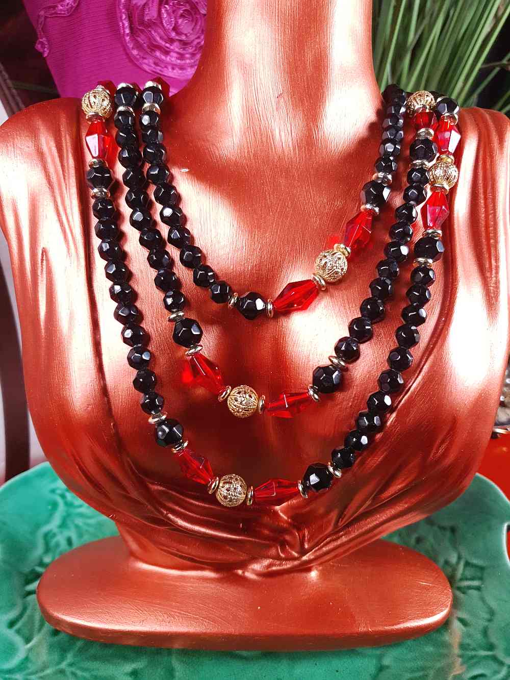 Vintage 1960s Black Red Bead Filigree Boho Necklace  61" Bohemian