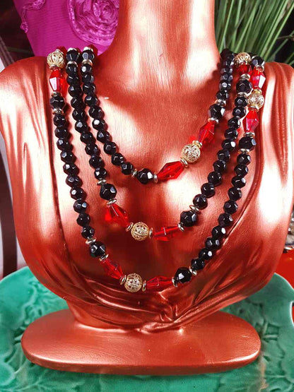 Vintage 1960s Black Red Bead Filigree Boho Necklace  61" Bohemian
