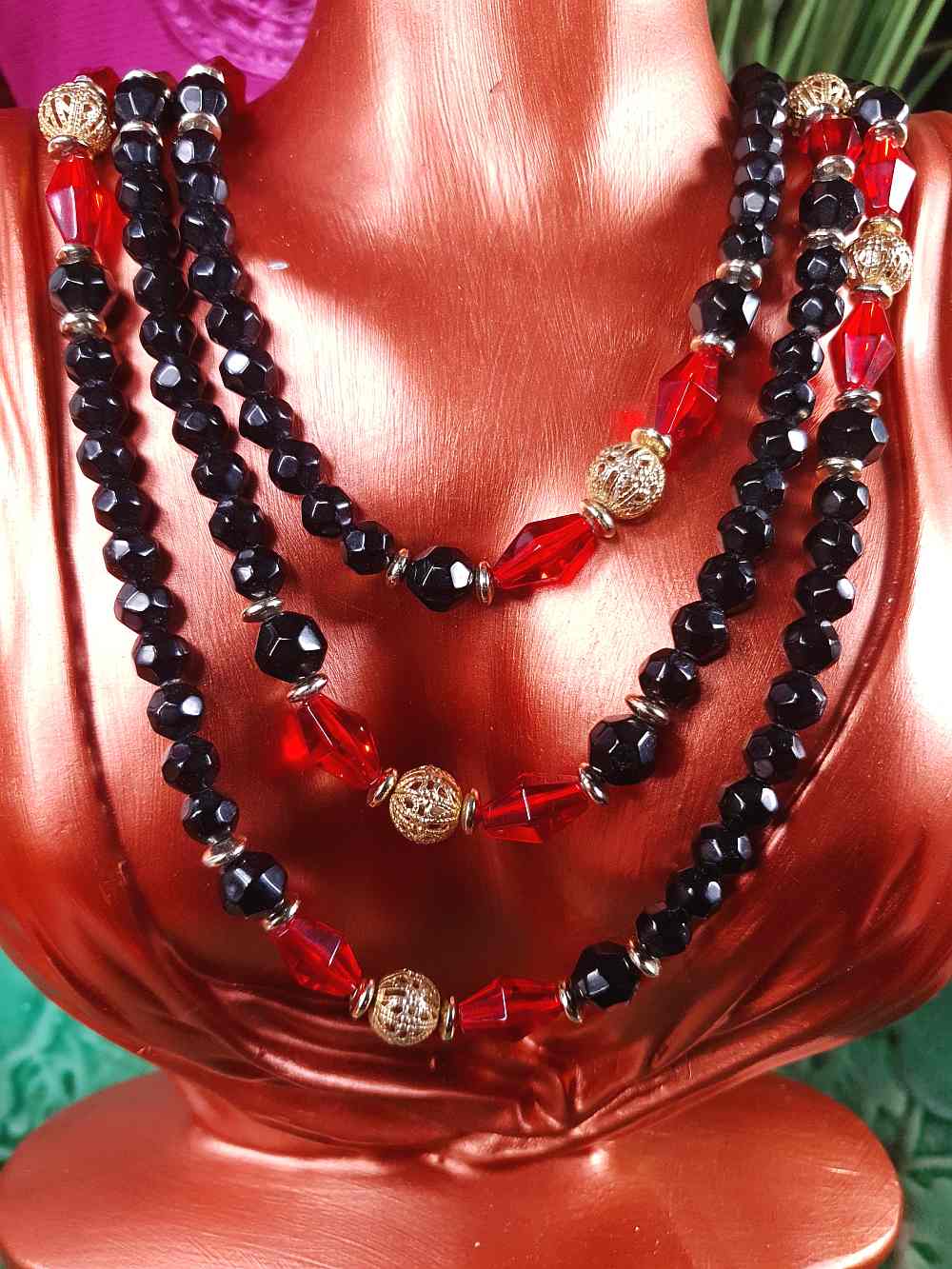 Vintage 1960s Black Red Bead Filigree Boho Necklace  61" Bohemian