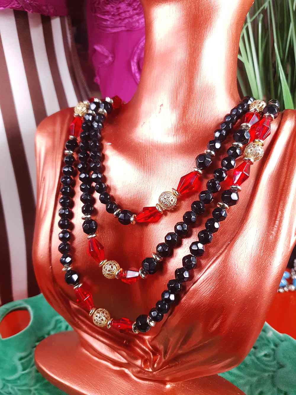 Vintage 1960s Black Red Bead Filigree Boho Necklace  61" Bohemian