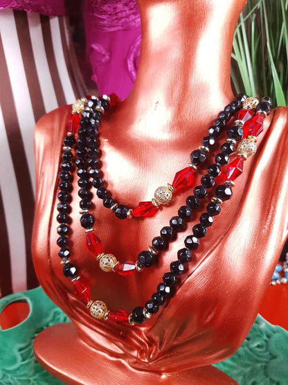Vintage 1960s Black Red Bead Filigree Boho Necklace  61" Bohemian