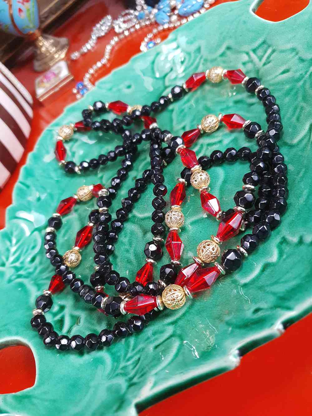 Vintage 1960s Black Red Bead Filigree Boho Necklace  61" Bohemian