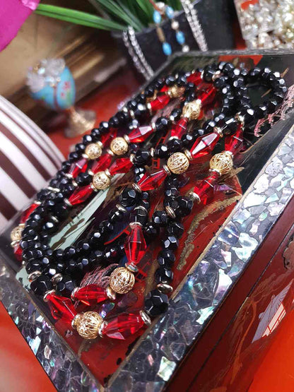 Vintage 1960s Black Red Bead Filigree Boho Necklace  61" Bohemian