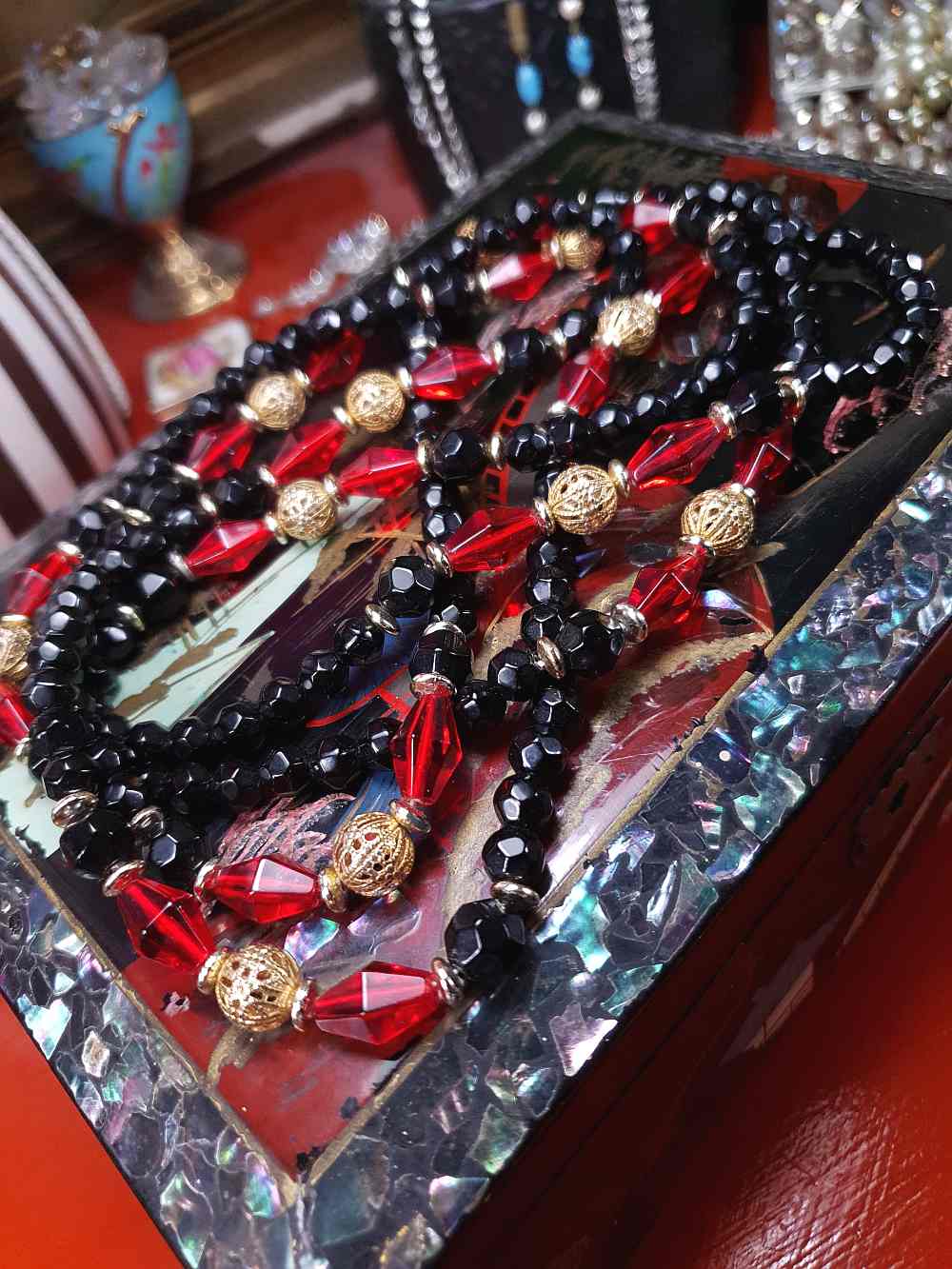 Vintage 1960s Black Red Bead Filigree Boho Necklace  61" Bohemian